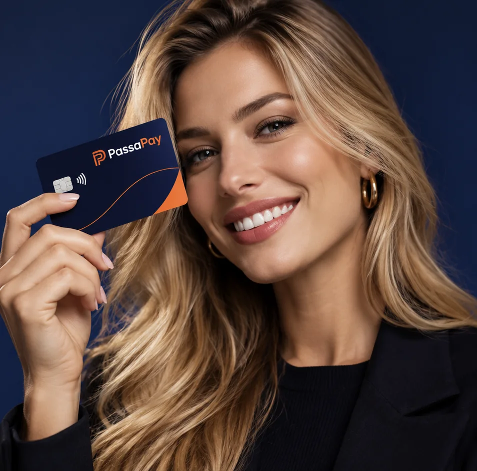 Mulher sorrindo segurando o cartão Passa Pay